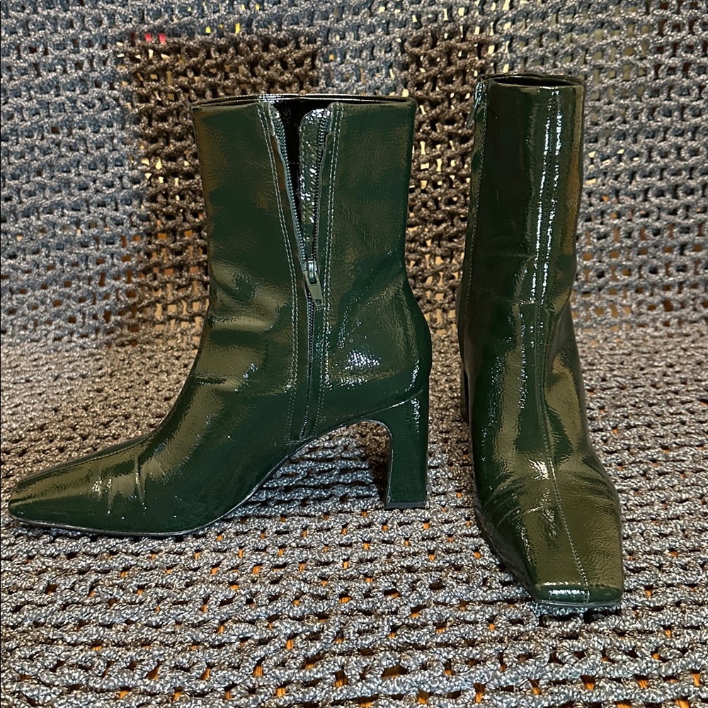 Zara Glossy Green Square Heeled Ankle Boots - Picture 4 of 10
